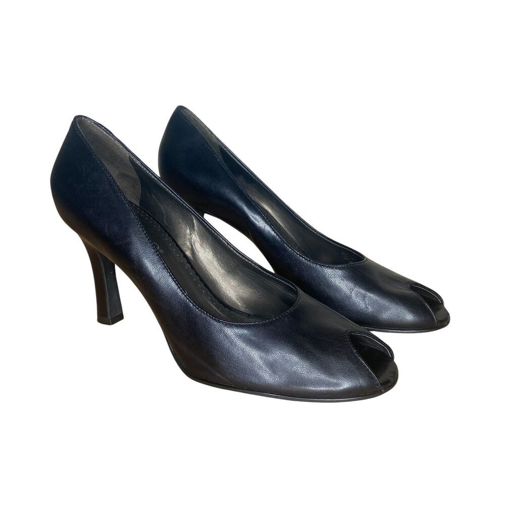 Franco Sarto High Heels Size 10 Black Leather Open Peep Toe Slip On Pumps